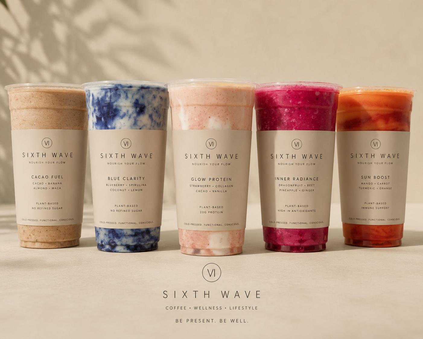 A line-up of Sixth Wave functional smoothies in clear cups with branded labels