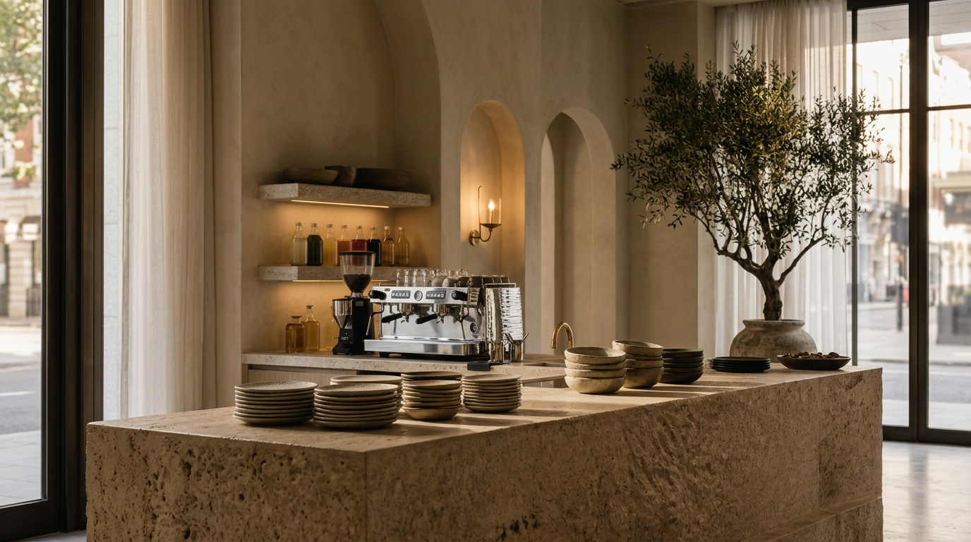 A travertine coffee counter in a calm hotel arrival space, bottles of functional drinks on a lit stone shelf